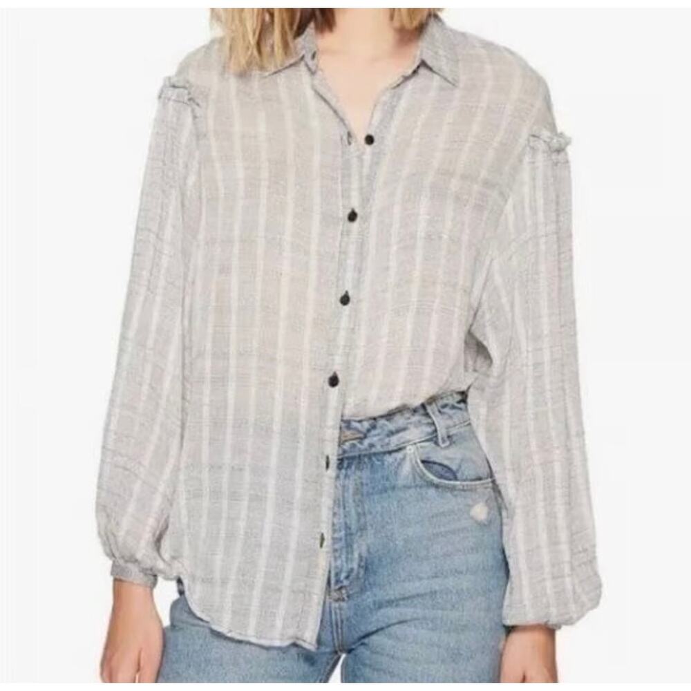 Free People Plaid Gauze Ruffle Button Down Shirt S Light Blue Cotton Blend